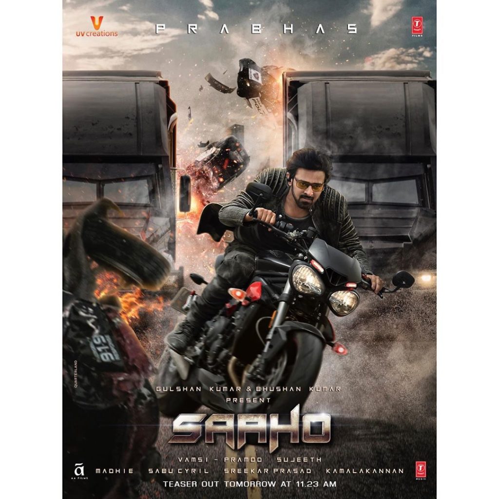 Actor Prabhas in Bike in Saaho Film Release poster