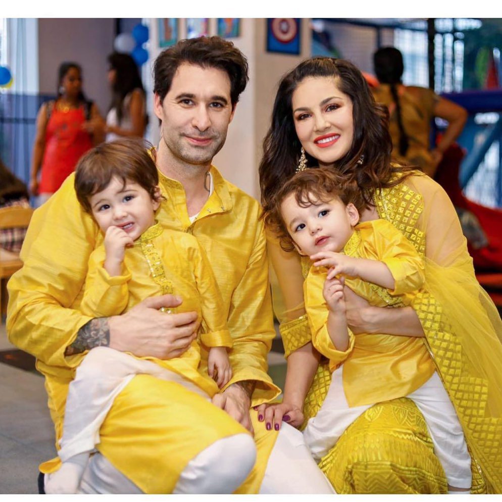 Porn Queen Sunny Leone family pic with matching color dress